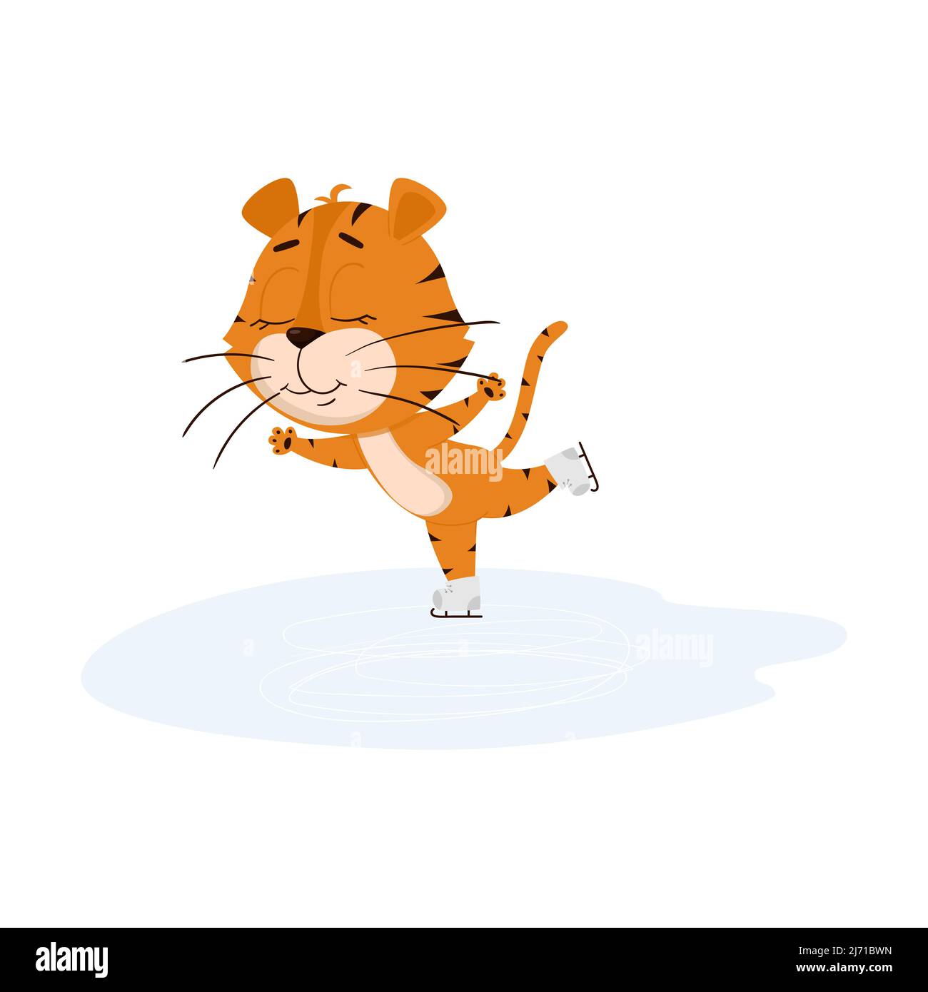 Tiger est en patinage sur la patinoire. Joli personnage de dessin animé. Le tigre est le symbole de l'année 2022. Illustration vectorielle pour les enfants. Isolé sur une wh Illustration de Vecteur