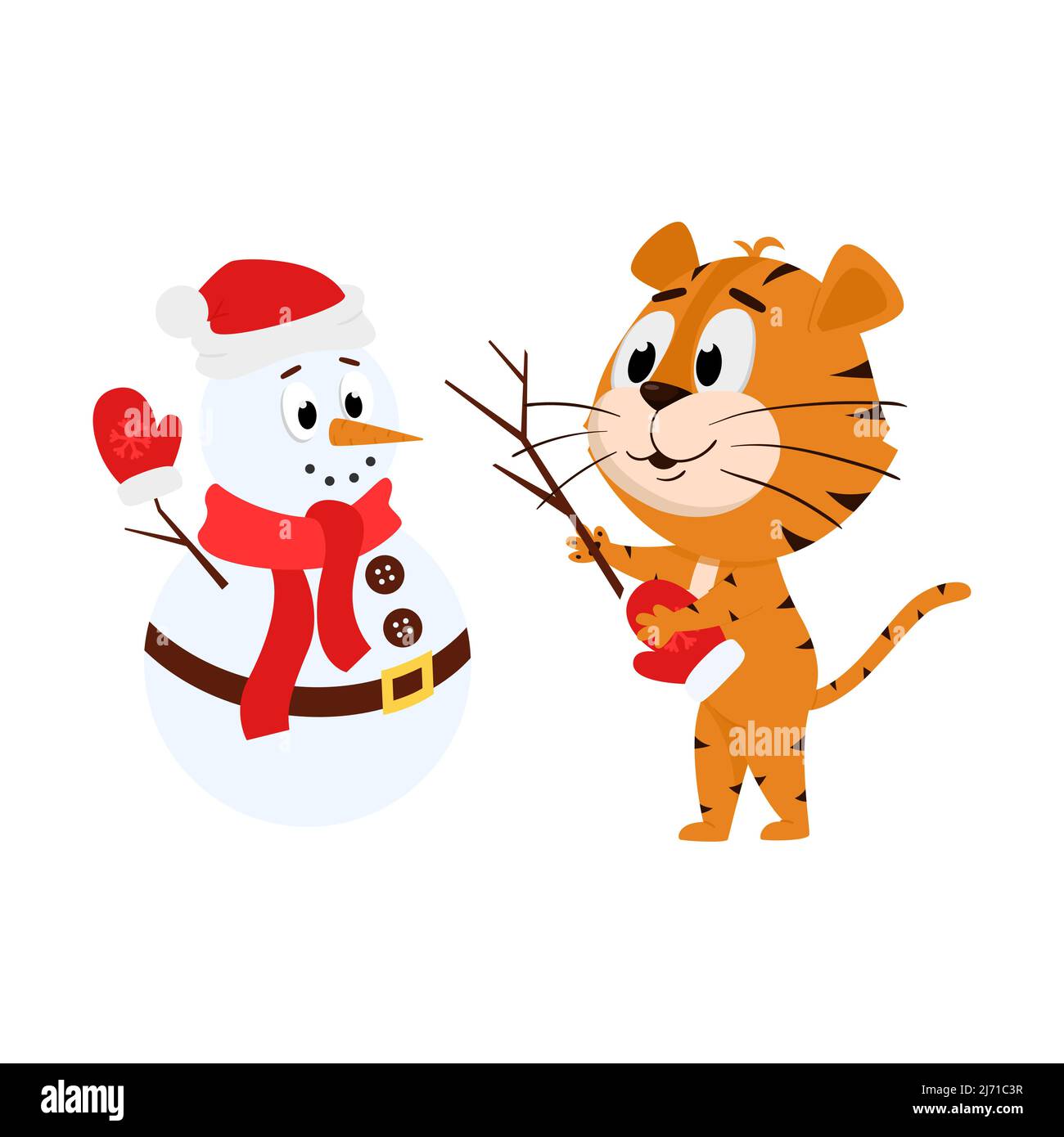 Un tigre fait un bonhomme de neige. Joli personnage de dessin animé. Le tigre est le symbole de l'année 2022. Illustration vectorielle pour les enfants. Isolé sur un fond blanc Illustration de Vecteur