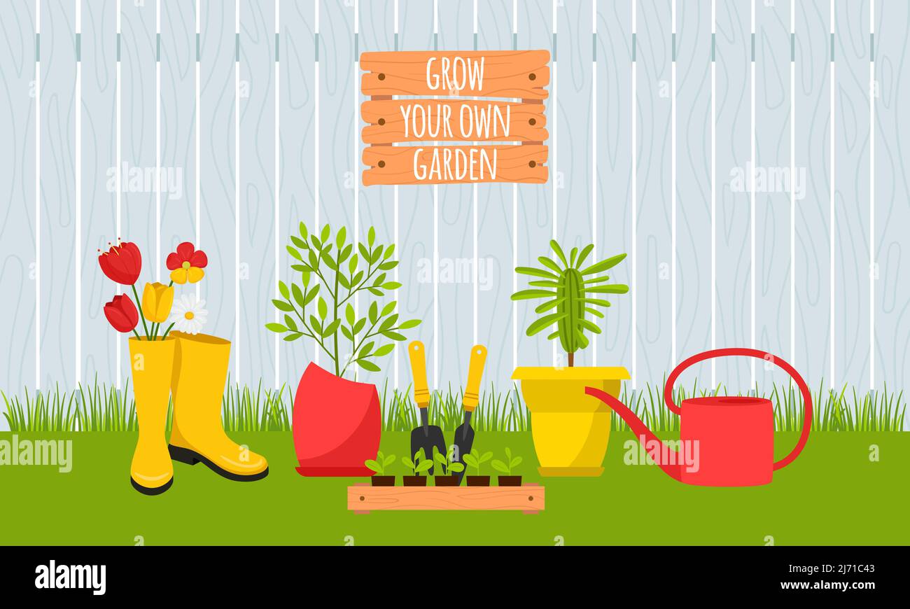 Planteurs avec des fleurs et des semis sur le fond d'une clôture en bois. Plantes en pots de fleurs, bottes en caoutchouc, arrosoir pelle. Cultivez votre jardin. F Illustration de Vecteur