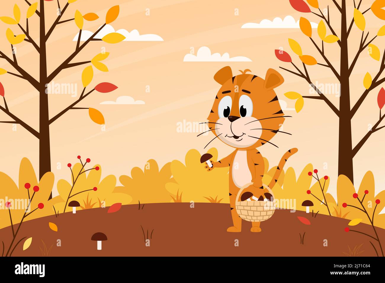 Mignon dessin animé tigre collecte des champignons dans la forêt. Paysage d'automne. Le symbole de l'année. Caractère animal. Illustration à vecteur de couleur pour Kids.FL Illustration de Vecteur