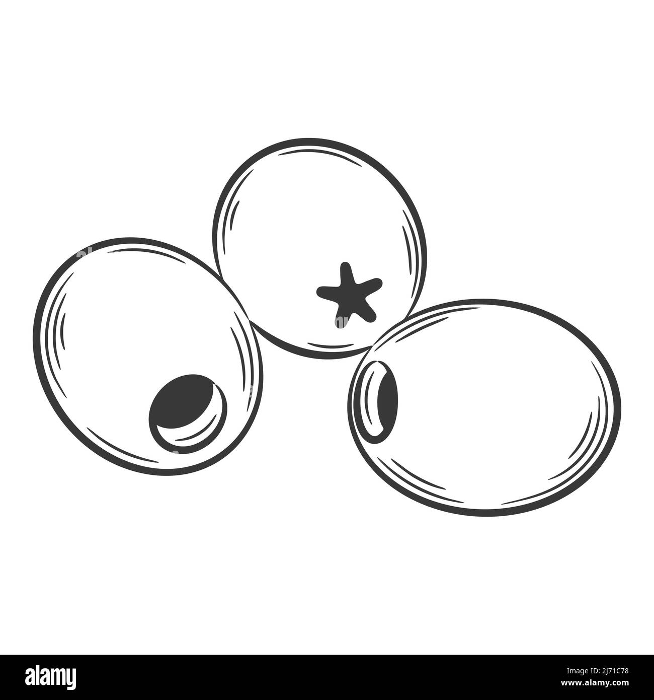 Olives dénoyautées. Un légume de style linéaire, dessiné à la main. Ingrédient alimentaire, élément design.Lineart. Illustration vectorielle noir et blanc. Isolé sur Illustration de Vecteur