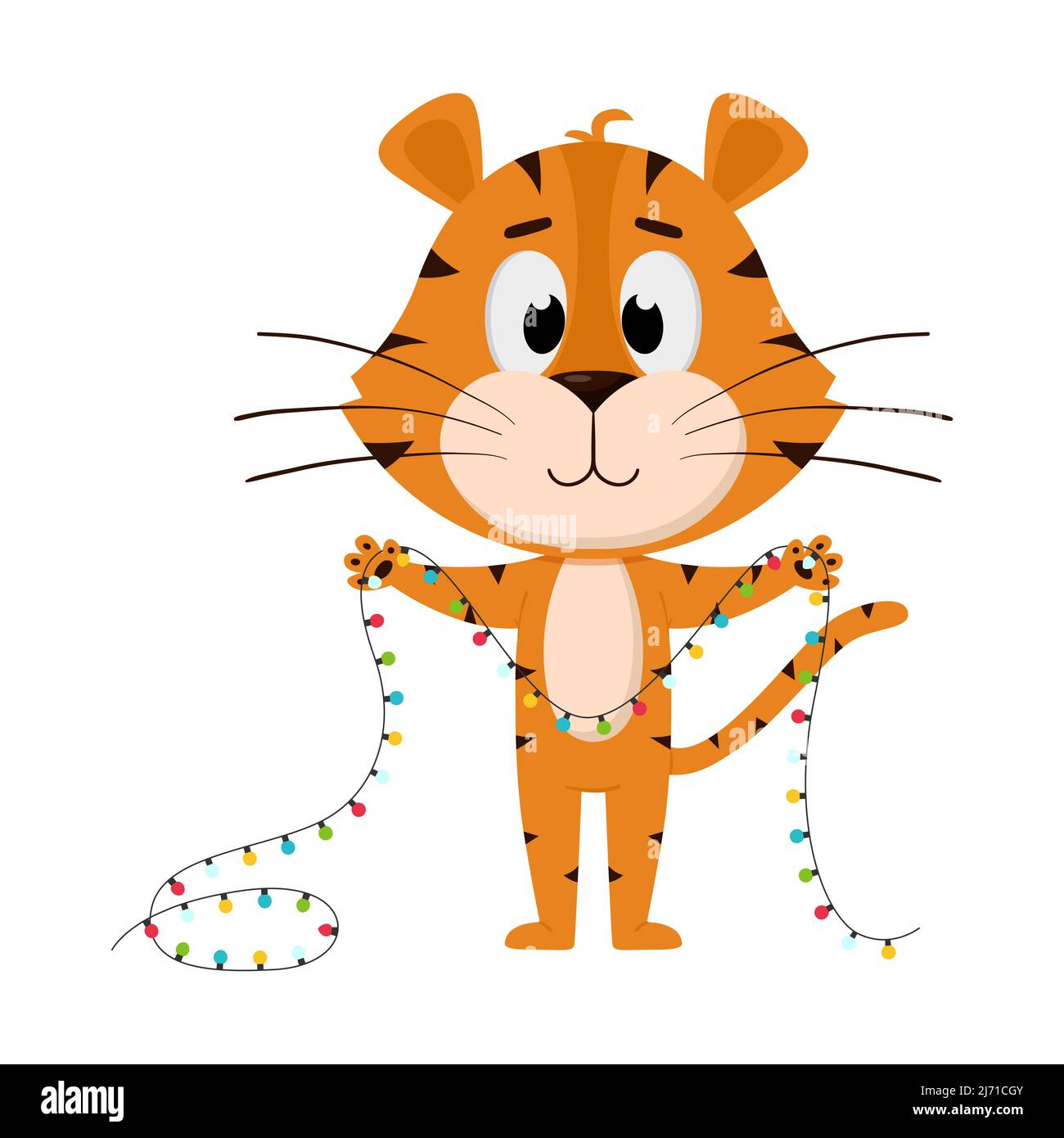 Le tigre tient une guirlande dans ses pattes. Joli personnage de dessin animé. Le tigre est le symbole de l'année 2022. Illustration vectorielle pour les enfants. Isolé sur Illustration de Vecteur