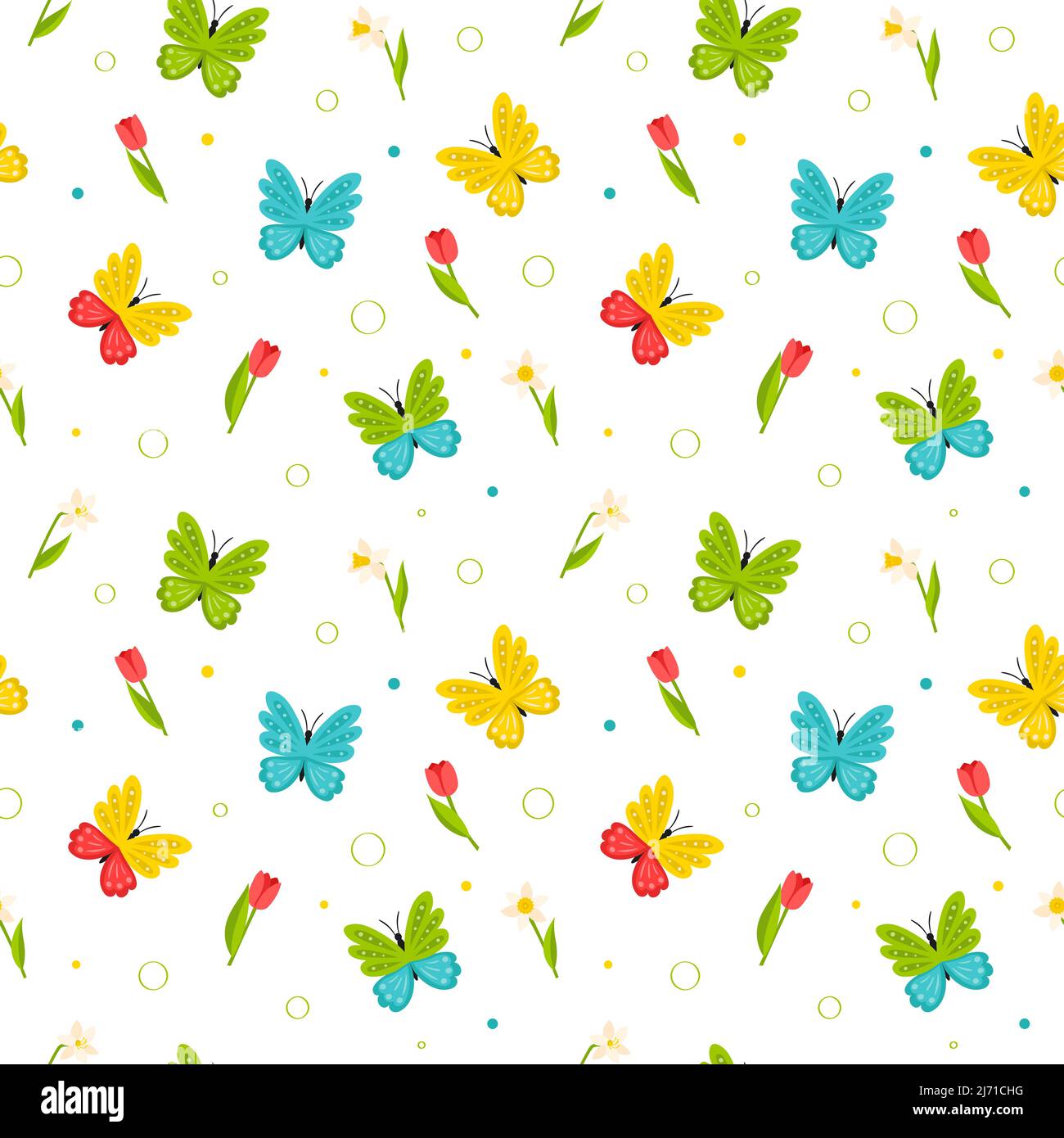 Motif sans couture avec papillons colorés aux couleurs vives et tulipes et jonquilles rouges. Printemps brillant, motif été. Simple couleur plat dessin animé vecteur illust Illustration de Vecteur