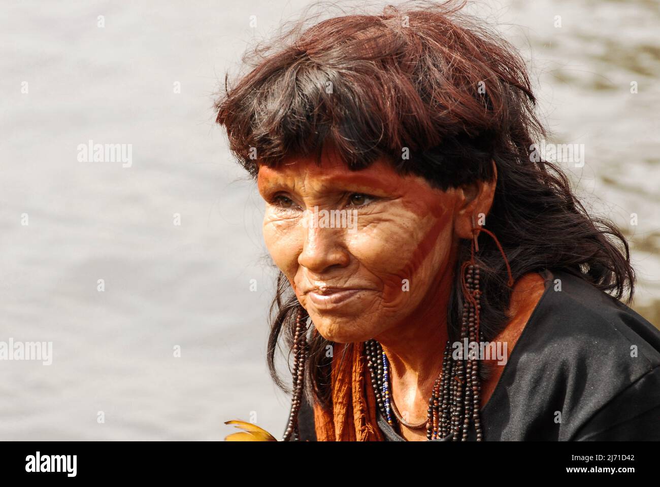 Visage de la femme indienne, membre de la tribu indigène Araweté de Baixo Amazonas, Pará, Amazone, Brésil, 2007. Banque D'Images