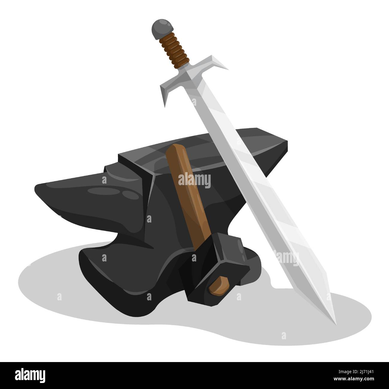 Marteau de forgeron et épée. Armes et équipements fabriqués à la main en atelier. Vecteur de dessin animé isolé sur fond blanc Illustration de Vecteur