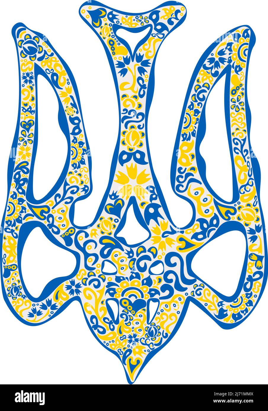 Emblème national ukrainien stylisé trident tryzub aux couleurs du drapeau ukrainien et au motif ethnique Illustration de Vecteur
