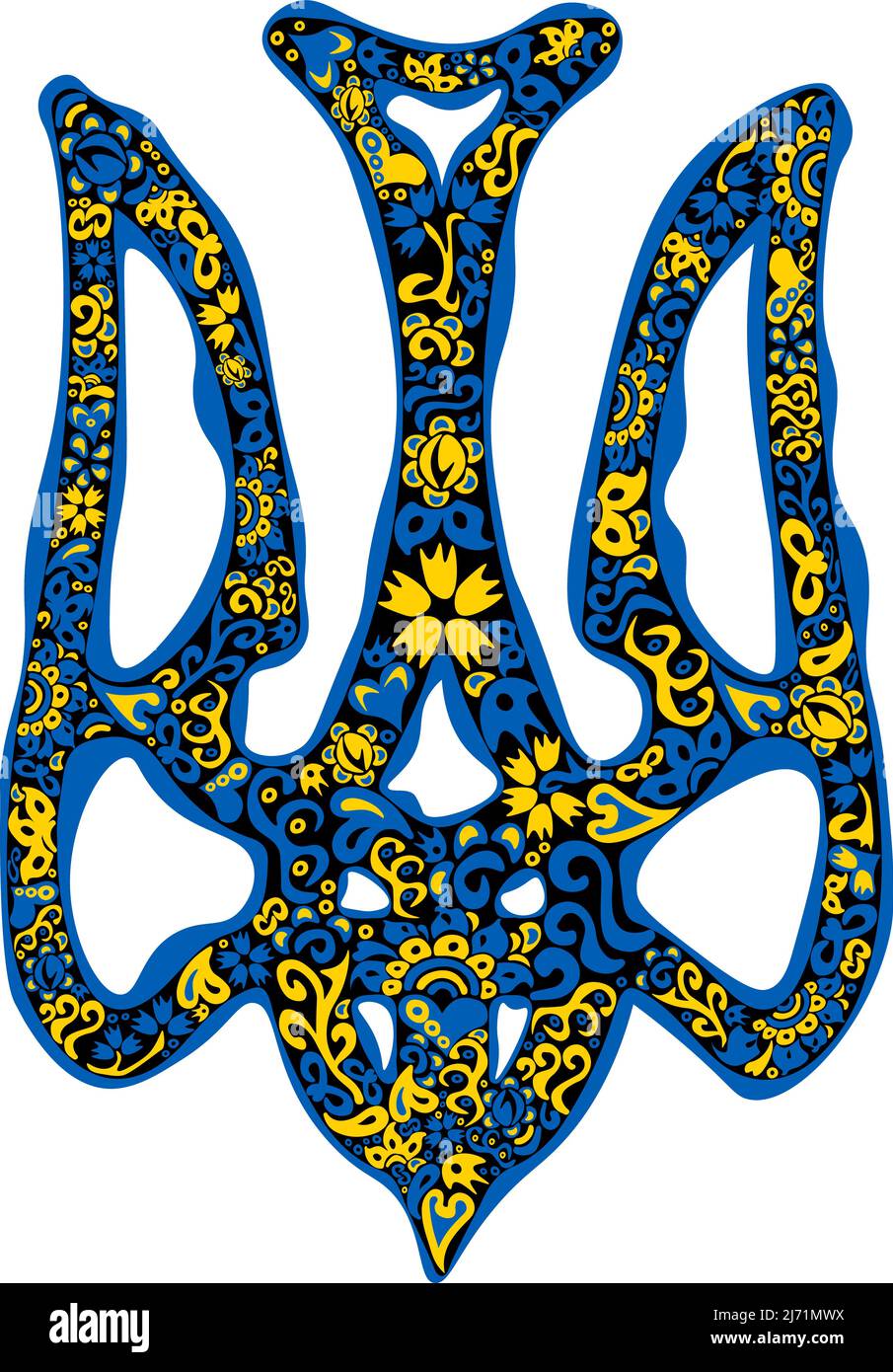 Emblème national ukrainien stylisé trident tryzub aux couleurs du drapeau ukrainien et motif ethnique traditionnel en noir Illustration de Vecteur