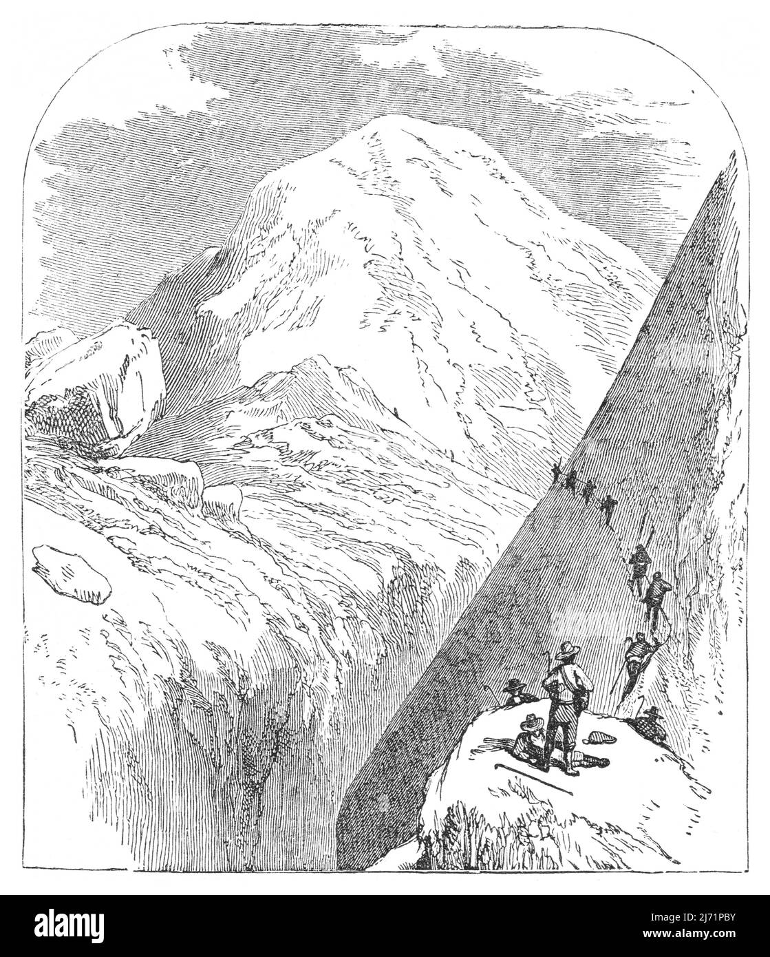 Personnes montant Mont blanc gravure d'époque de l'ancien livre "nature's Wonders" publié à Londres, Royaume-Uni, 1867. Banque D'Images