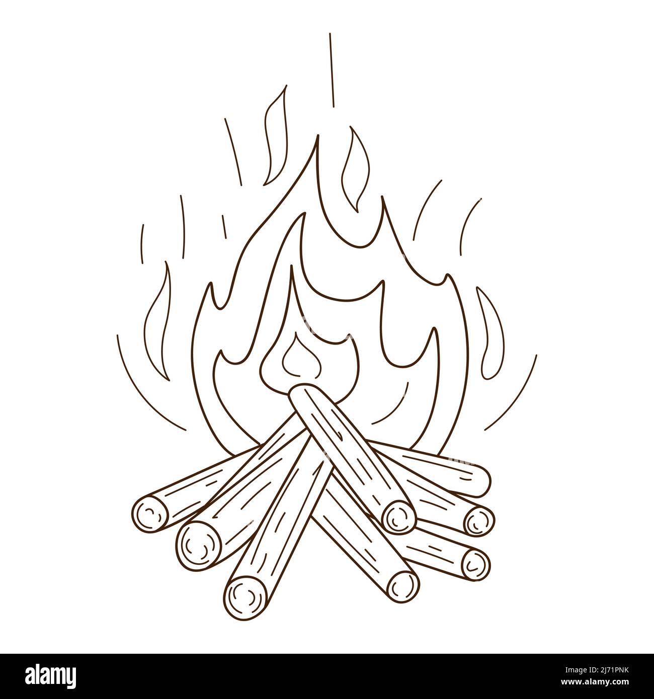 Un feu de bois. Camping, pique-nique, flamme brûlante. Élément décoratif avec contour. Doodle, dessiné à la main. Illustration vectorielle noir et blanc. Isola Illustration de Vecteur