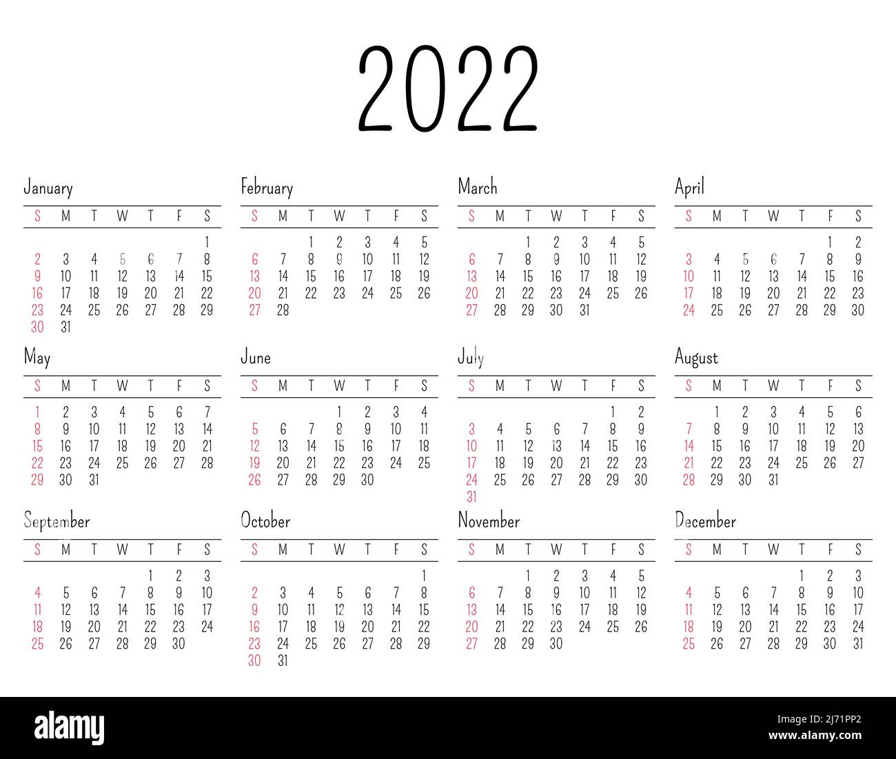 Calendrier pour 2022. La semaine commence le dimanche. Tous les mois. Conception de modèle de calendrier. Vecteur Illustration de Vecteur