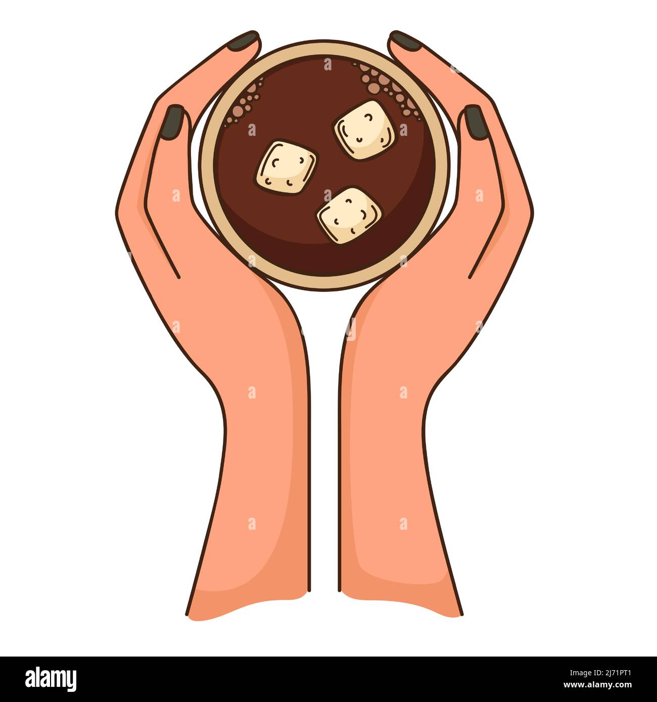 Une tasse de café avec des guimauves dans les mains d'une femme. Vue de dessus. Elément de conception avec contour. Doodle, dessiné à la main. Conception plate. Illustrateur de vecteur de couleur Illustration de Vecteur