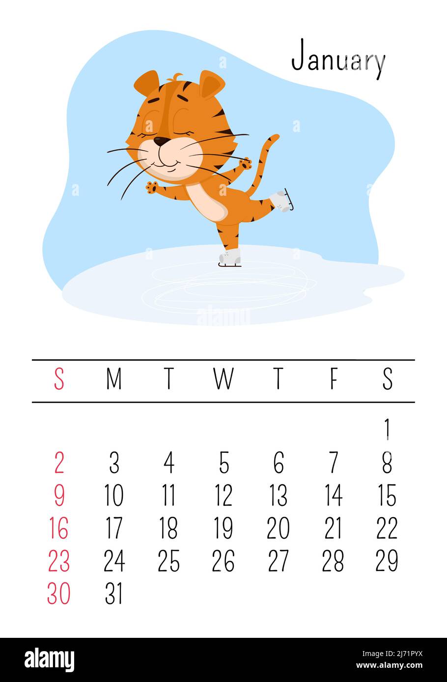 Modèle de page de calendrier mur vertical pour janvier 2022 avec un symbole de tigre de bande dessinée de l'année chinoise. La semaine commence le dimanche. Patinage à roulettes. Illustration de Vecteur