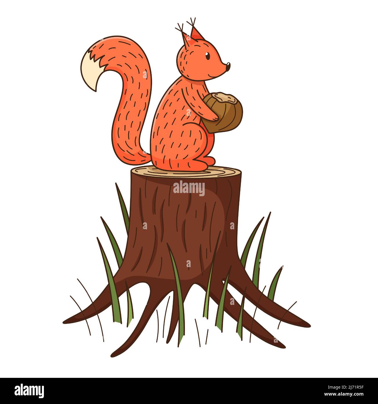 Un écureuil repose sur une souche d'arbre et tient un écrou dans ses pattes. Animal de forêt sur la nature. Élément décoratif avec contour. Doodle, dessiné à la main. Des plates Illustration de Vecteur