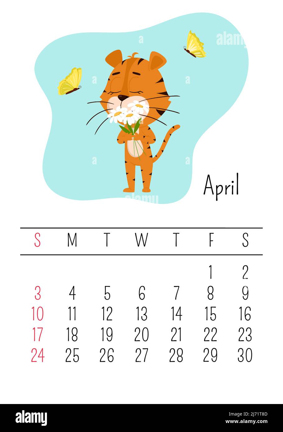 Modèle de page de calendrier mur vertical pour avril 2022 avec un symbole de tigre de bande dessinée de l'année chinoise. La semaine commence le dimanche. Des marguerites au tigre. Illustration de Vecteur