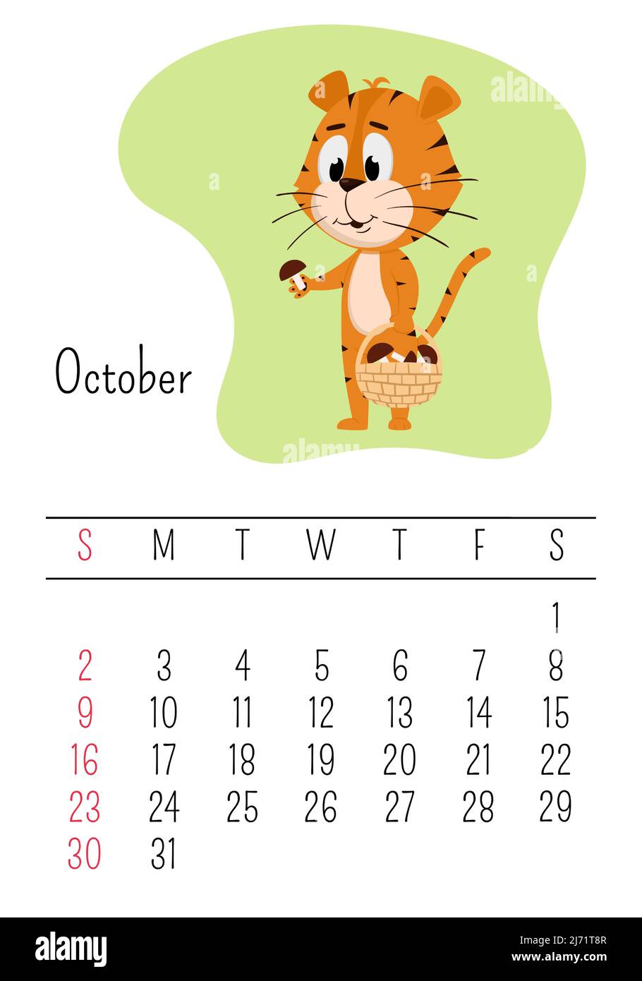 Modèle de page de calendrier mural vertical pour octobre 2022 avec un symbole d'année chinoise de dessin animé. La semaine commence le dimanche. Le tigre récolte les champignons Illustration de Vecteur