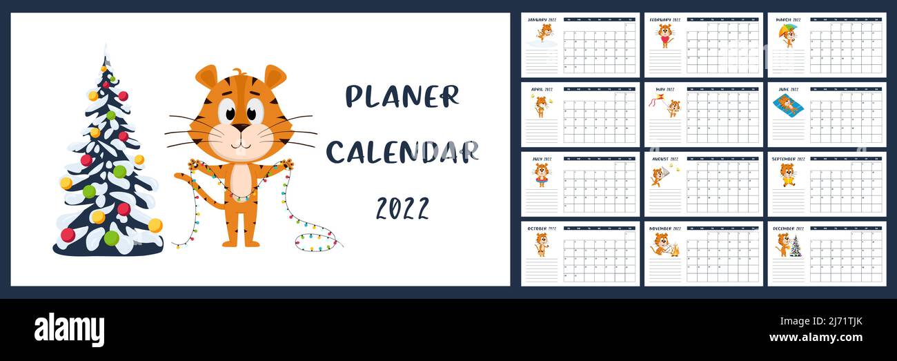 Modèle de calendrier horizontal de bureau 2022. La semaine commence le dimanche. Calendrier prêt à imprimer avec le symbole de l'année chinoise, dessin animé Tiger. Un ensemble de 12 pages Illustration de Vecteur