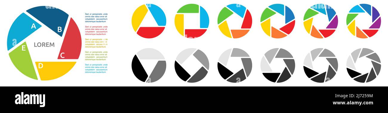 Cercle divisé en trois à neuf segments de même taille, formant un polygone au milieu - couleurs différentes et version grise. Peut être utilisé comme élément infographique Illustration de Vecteur