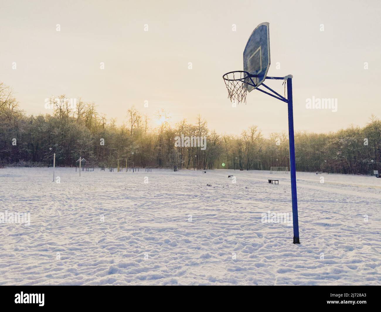 Coucher de soleil d'hiver dans un parc couvert de neige. Concept saison et temps froid Banque D'Images