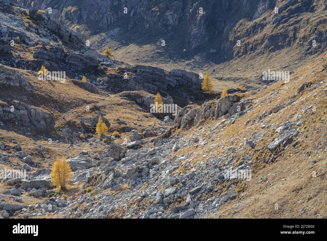 Vallée de Stura di Demonte, vue au-dessus du col de la rivière Fauniera, chaîne de montagnes des Alpes cottiennes, région du Piémont, Italie Banque D'Images