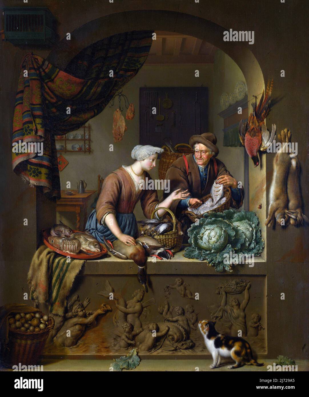 Une femme et un pedler de poisson dans une cuisine de l'artiste néerlandais Willem van Mieris (1662-1747), huile sur chêne, 1713 Banque D'Images