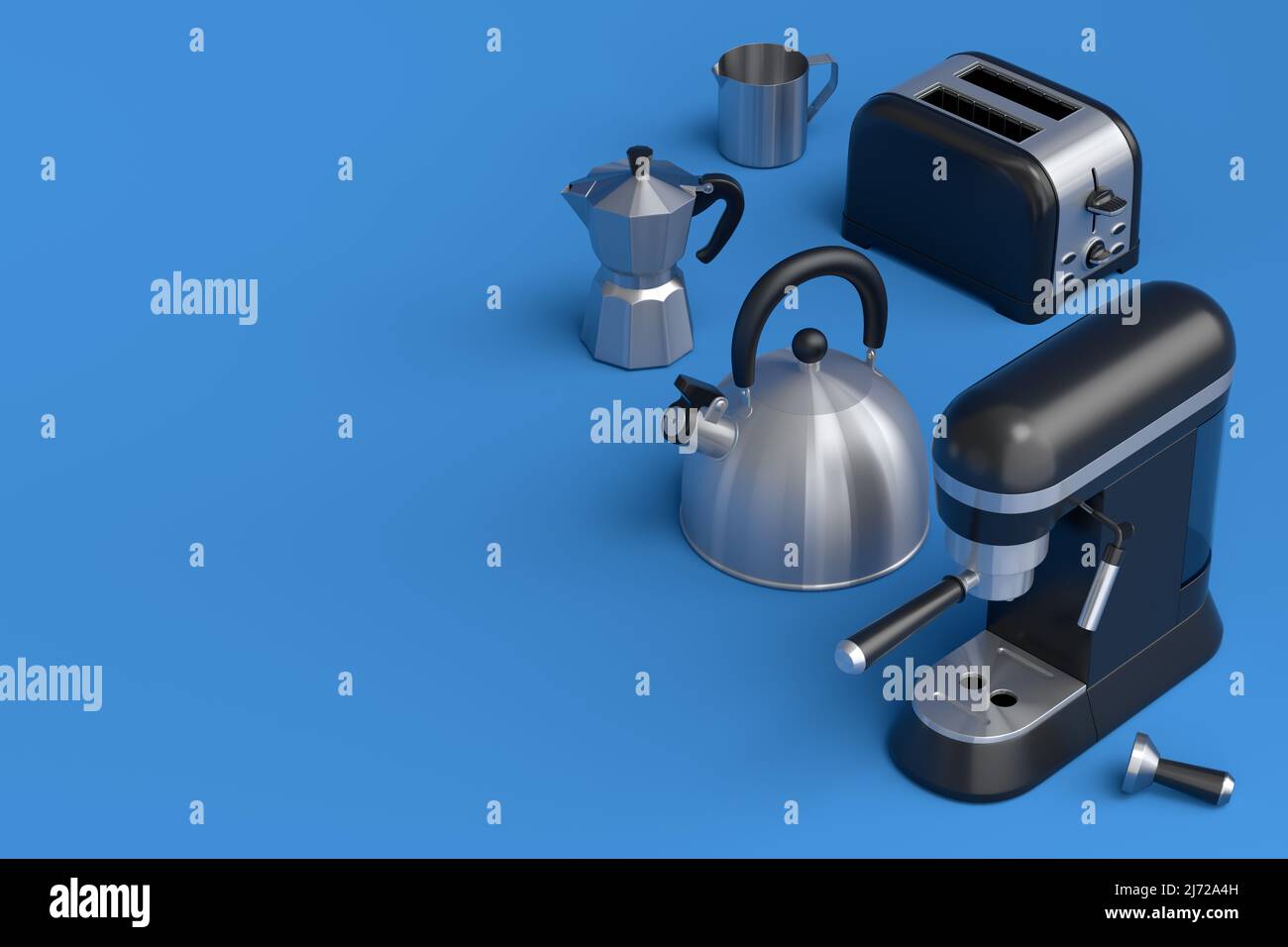 Bouilloire, grille-pain, machine à café à corne et geyser machine à café sur fond bleu. 3d appareils de cuisine de rendu faisant le petit déjeuner avec le café latte Banque D'Images