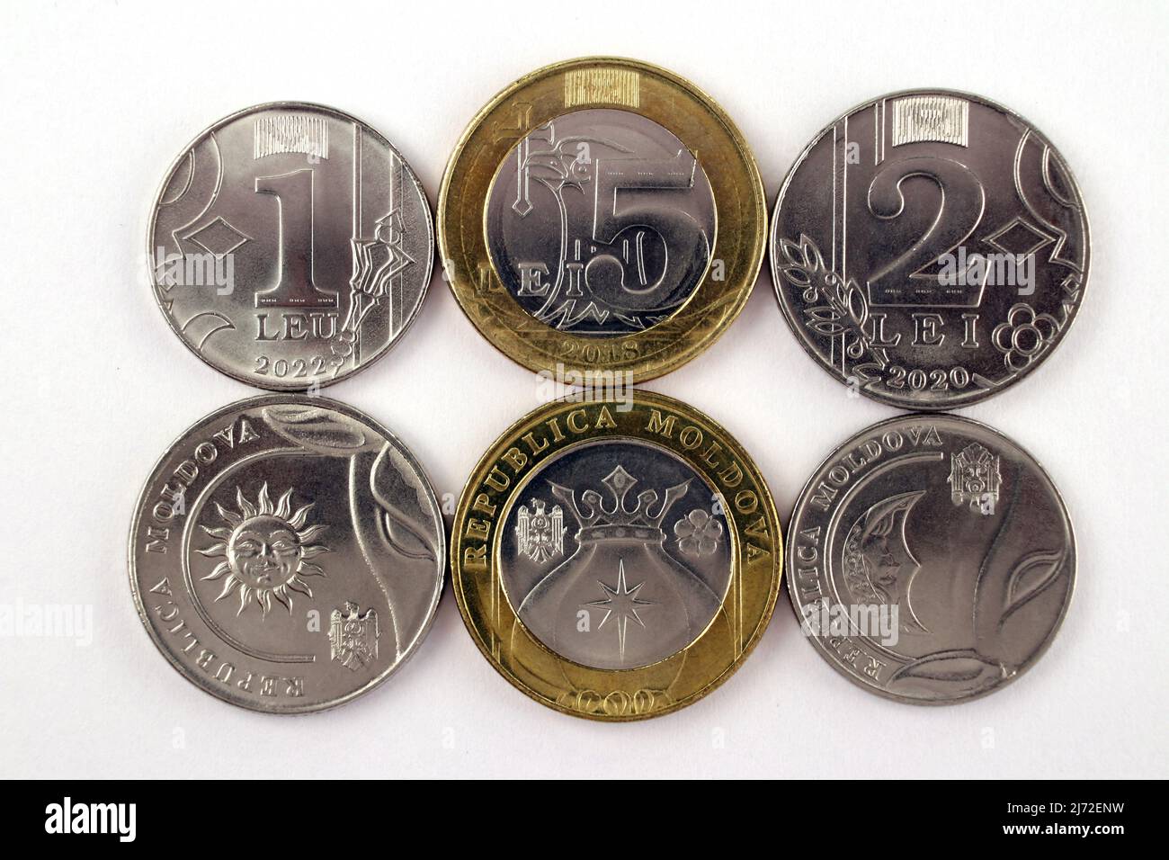 Moldova, pièces de monnaie de la république, pièces de monnaie nationale d'un, deux et cinq Lei Banque D'Images