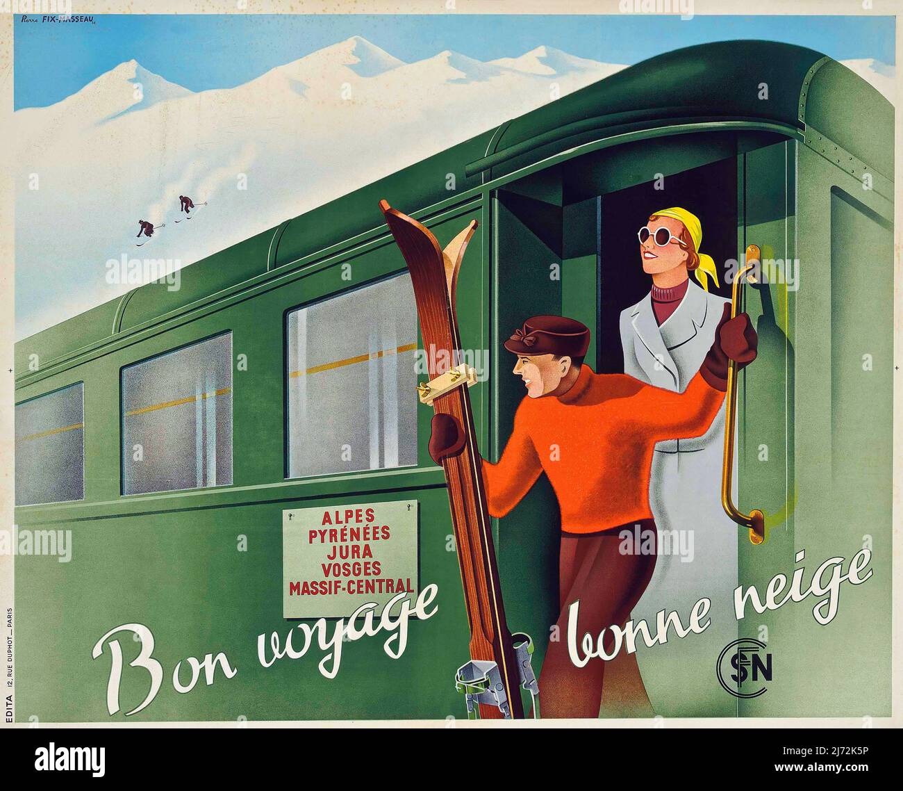 Affiche de sport d'hiver vintage 1930s – ski. BON VOYAGE, BONNE NEIGE 1938 Banque D'Images