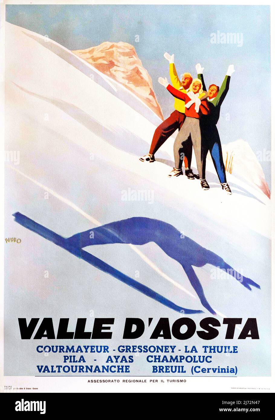 VINTAGE 1950s AFFICHE DE VOYAGE ITALIENNE Vallée d'Aoste (Vallée d'Aoste) vers 1950 Banque D'Images