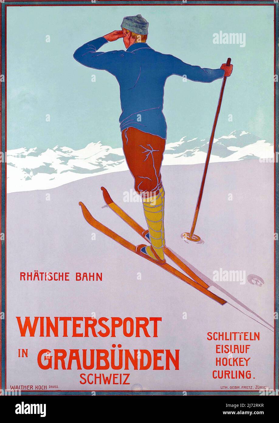 Affiche de voyage vintage 1930s - Sports d'hiver à Graubunden, Suisse (Schlitteln, Eislaf, Hockey, Curling), Banque D'Images