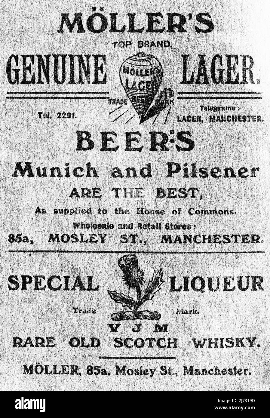 Une publicité en 1906 pour V. J. Möller, marchands de bière et de vin du 85A Mosley Street, Manchester, faisant la promotion des bières de marque supérieure de Möller, liqueur spéciale et whisky Old Scotch. « Munich et Pilsener sont les meilleurs – comme l’a fourni la Chambre des communes ». Banque D'Images