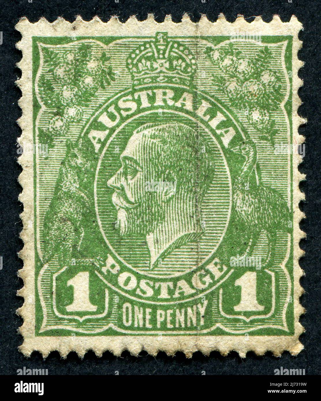 Un timbre-poste vert 1d «One Penny» du roi George V. Banque D'Images