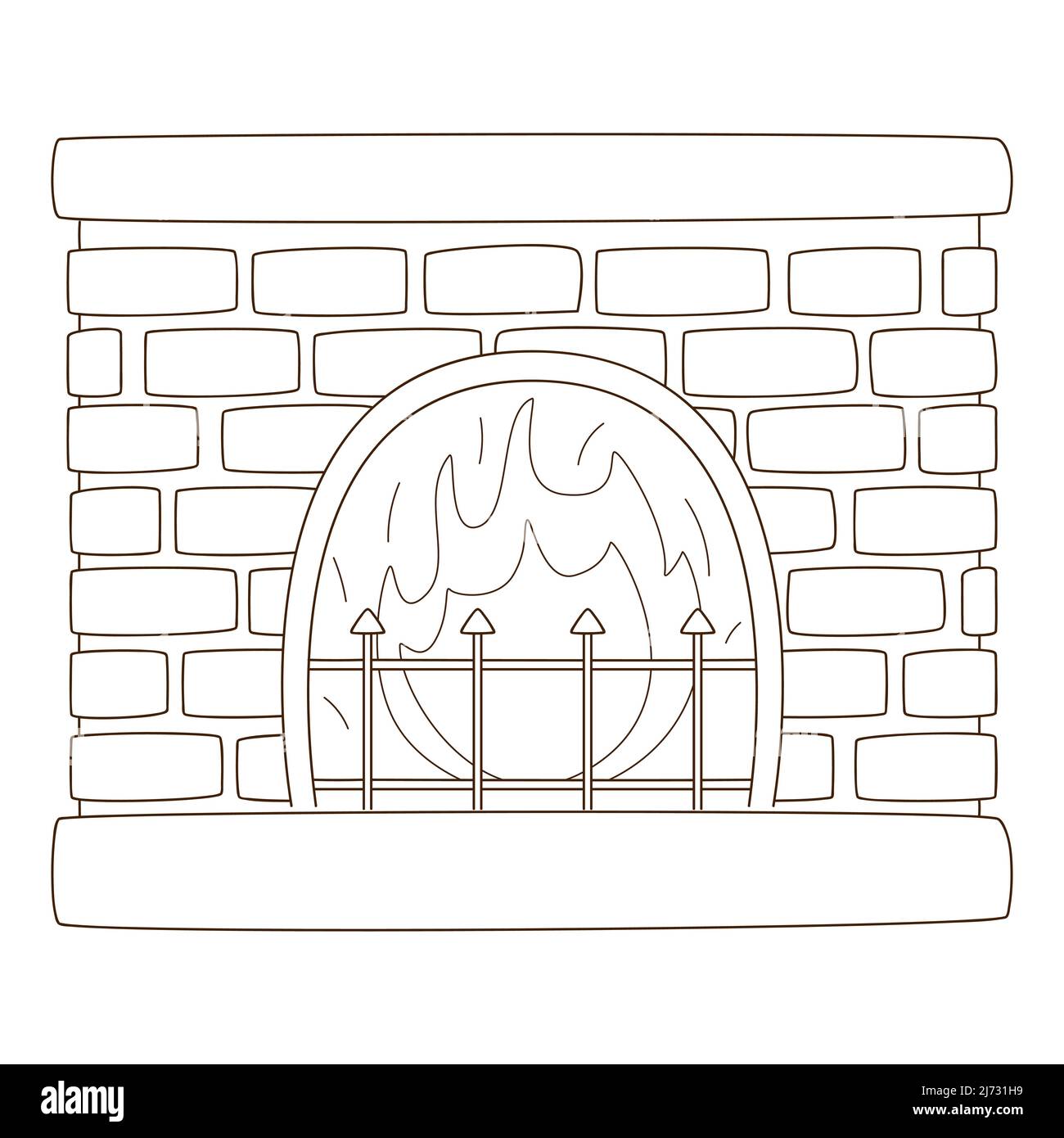 Foyer en briques avec un feu de cheminée. Maison confortable, symbole de l'automne. Elément de conception avec contour. Doodle, dessiné à la main. Illustrat vectoriel noir et blanc Illustration de Vecteur