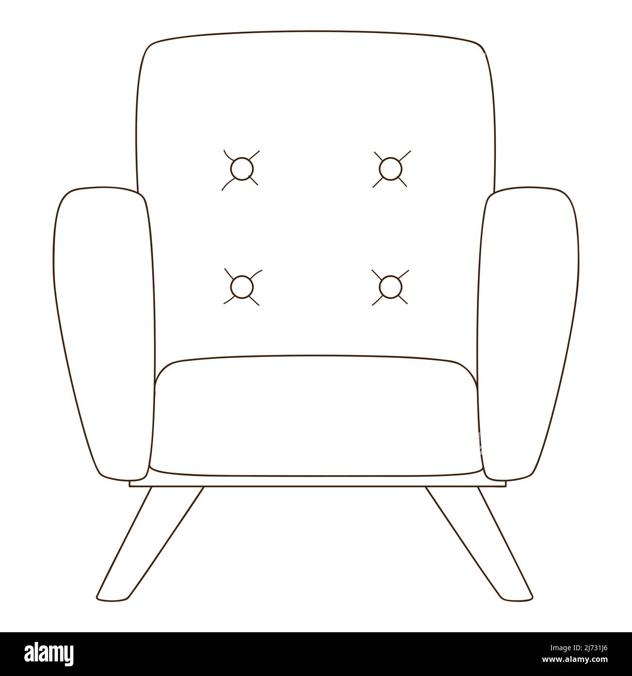 Une chaise vide. Vue avant. Un élément intérieur. Meubles de maison. Elément de conception avec contour. Doodle, dessiné à la main. Illustration vectorielle noir et blanc. Isola Illustration de Vecteur