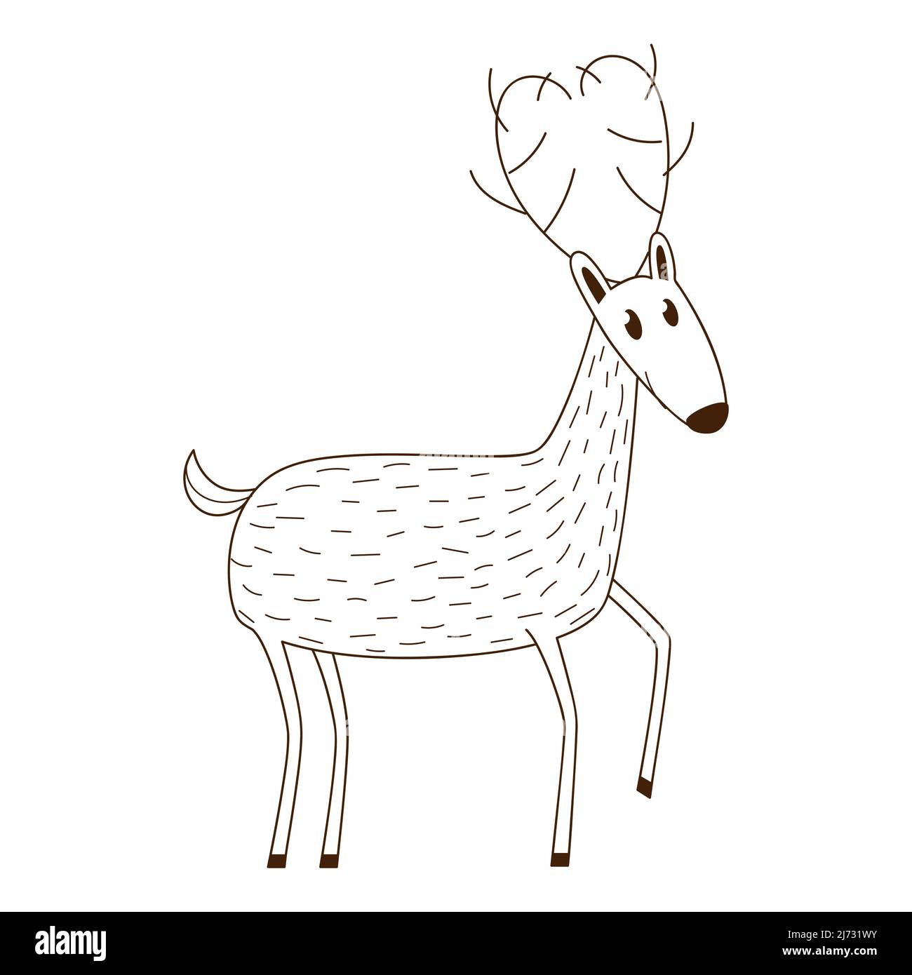 Un simple cerf mignon. Animal sauvage de la forêt de mammifères. Élément décoratif avec contour. Doodle, dessiné à la main. Illustration vectorielle noir et blanc. Isolé sur un Illustration de Vecteur