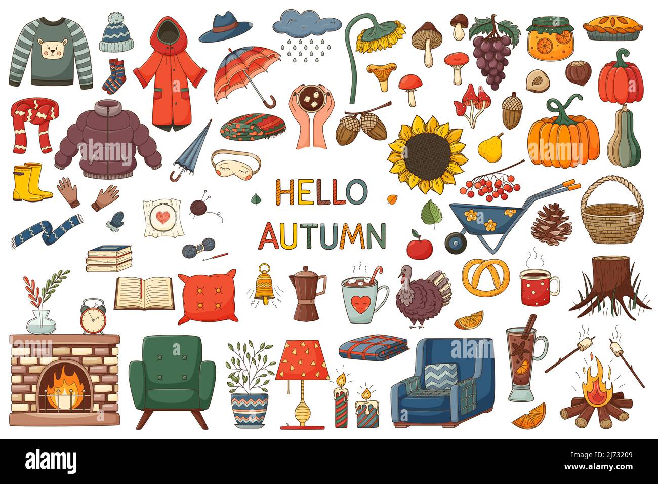 Un ensemble d'éléments sur le thème de l'automne, maison confortable, hugge. Une grande collection de motifs d'éléments de couleur pour les caniche avec un trait et un garnissage. Style plat. C Illustration de Vecteur