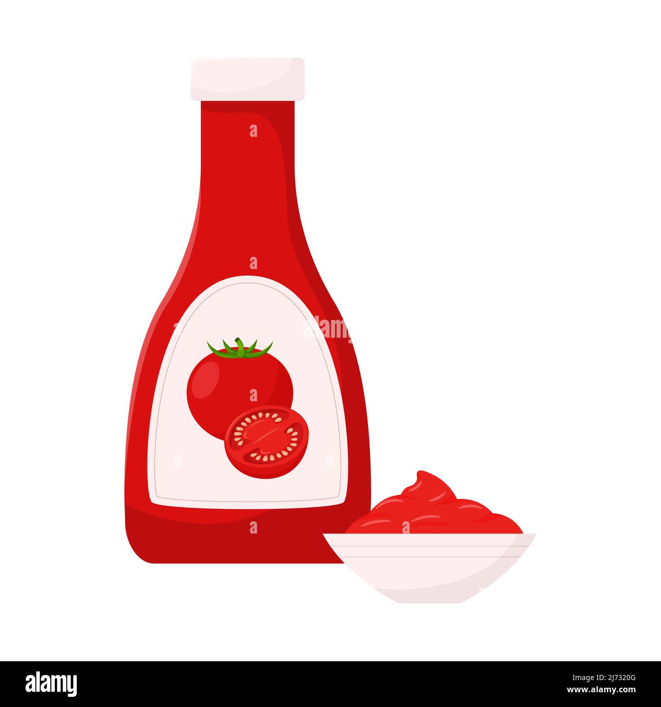 Une bouteille rouge de ketchup à la tomate avec les tomates sur les étiquettes et un bol de ketchup. Aliments, sauce tomate, ingrédient. Plat, style dessin animé. Vecteur de couleur il Illustration de Vecteur