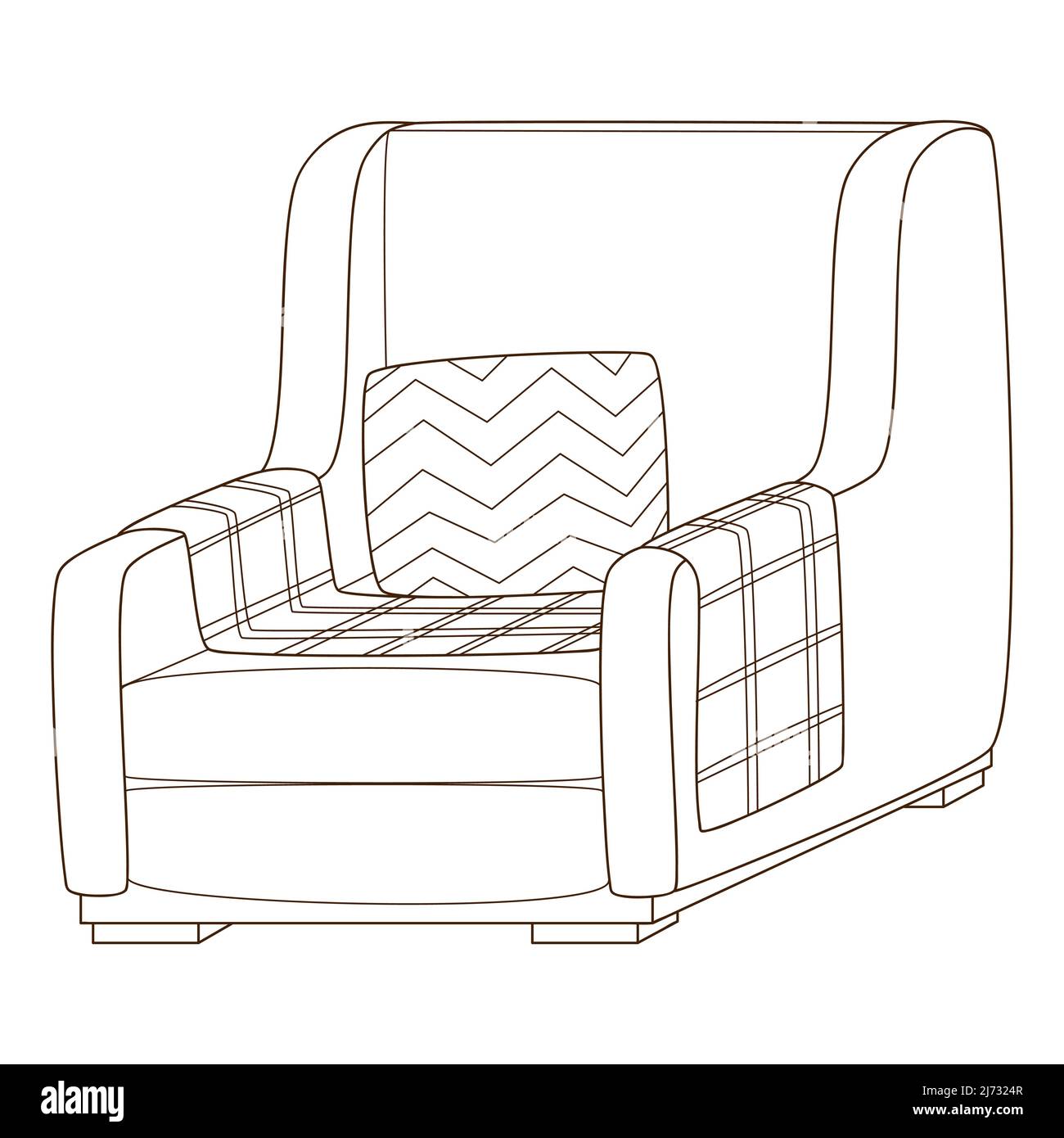 Un fauteuil avec une couverture et un oreiller. Un élément intérieur. Meubles de maison. Elément de conception avec contour. Doodle, dessiné à la main. Illustrateur vectoriel noir et blanc Illustration de Vecteur