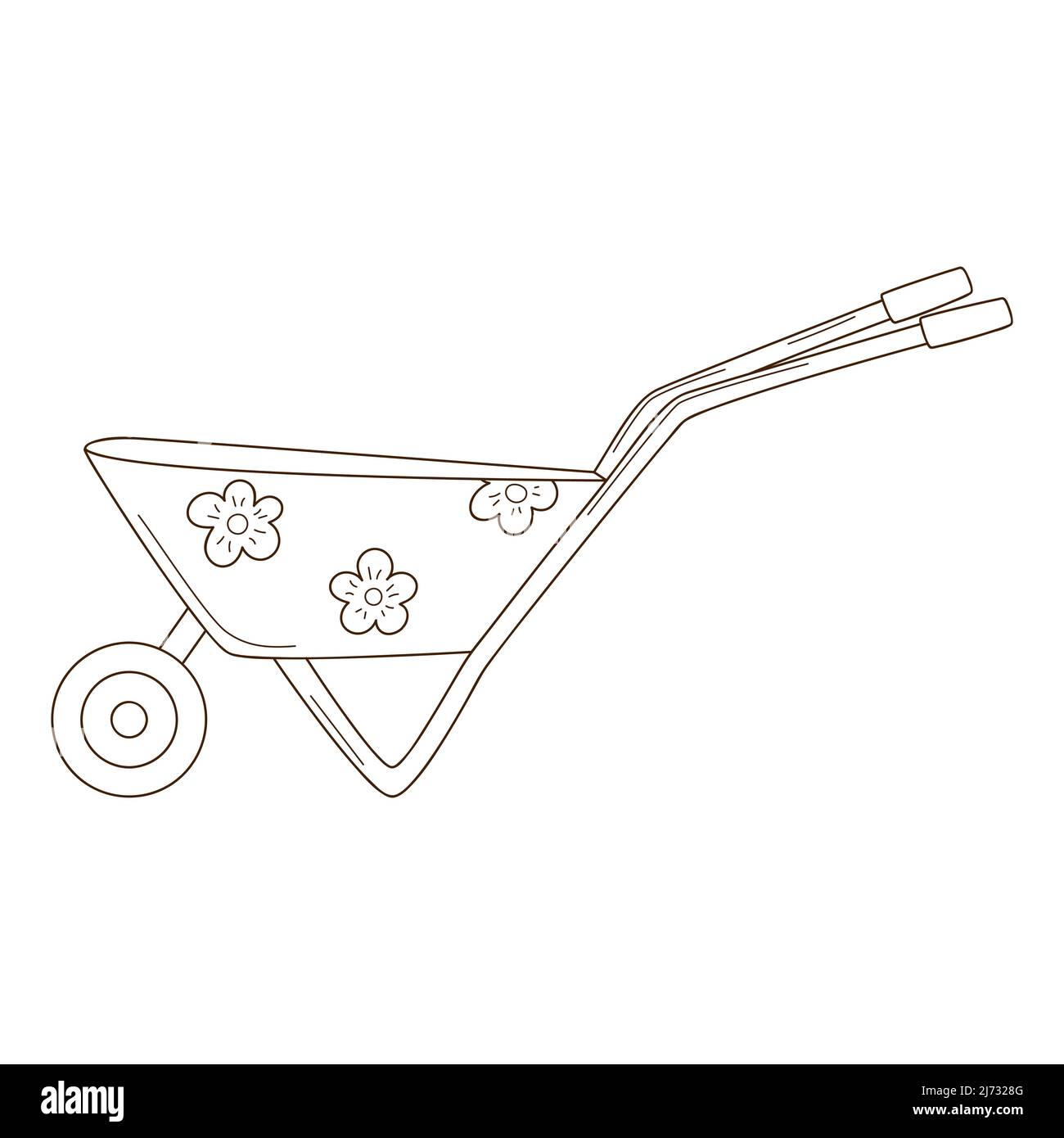 Brouette de jardin vide avec des fleurs. Outils de jardin. Un élément décoratif avec un contour. Gribouillages dessinés à la main. Illustration vectorielle noir et blanc. Isoler Illustration de Vecteur