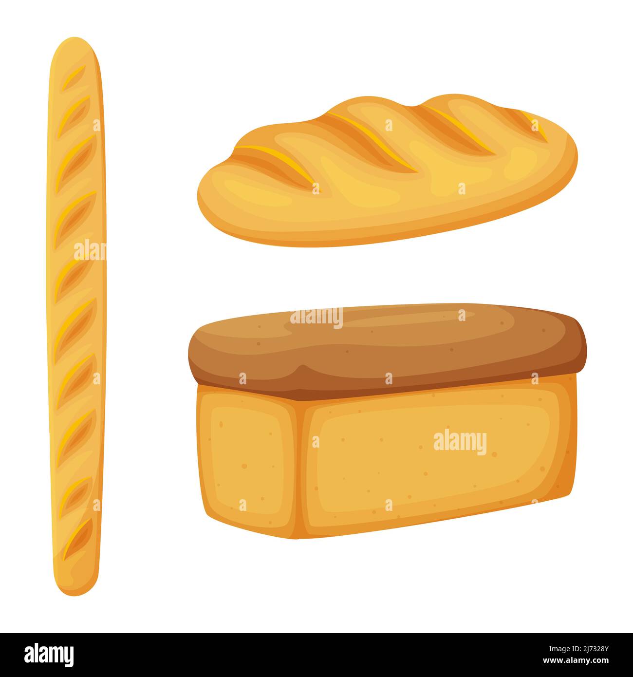 Pain, baguette, pain. Produits de boulangerie, pâtisseries, pain. Nourriture, un ingrédient alimentaire. Plat, style dessin animé. Illustration vectorielle de couleur isolée sur un Illustration de Vecteur