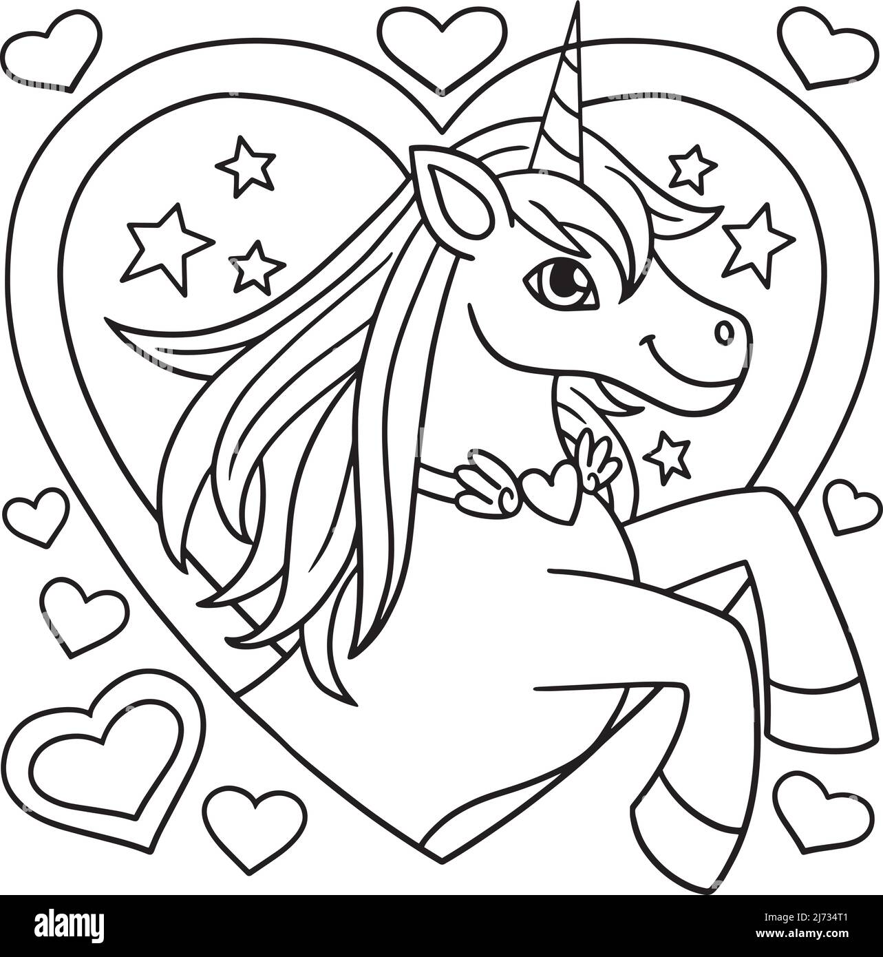 UNICORN avec Une page de coloriage en forme de coeur pour les enfants Illustration de Vecteur
