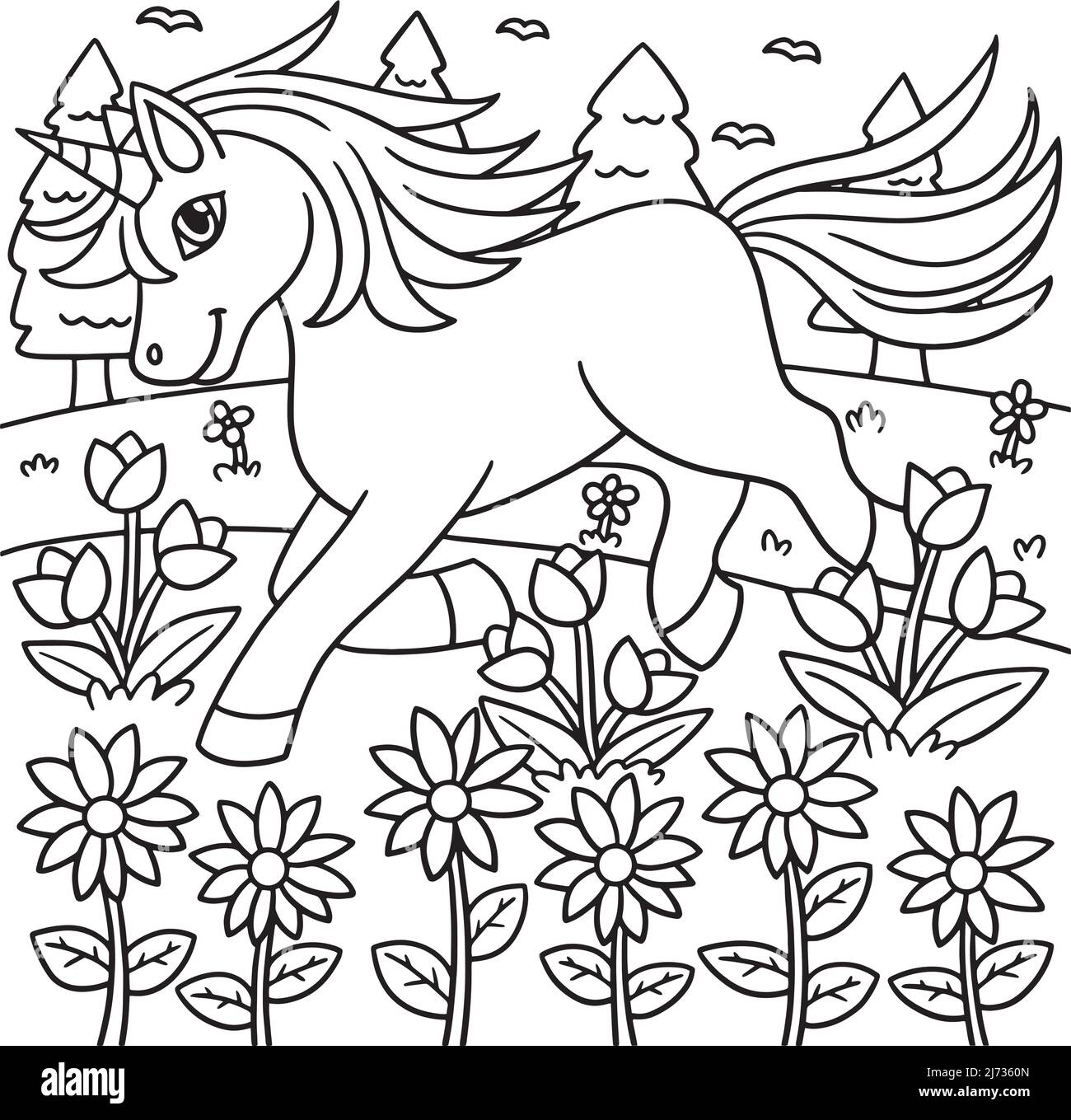 Licorne jouant sur la page de coloriage Flower Field Illustration de Vecteur