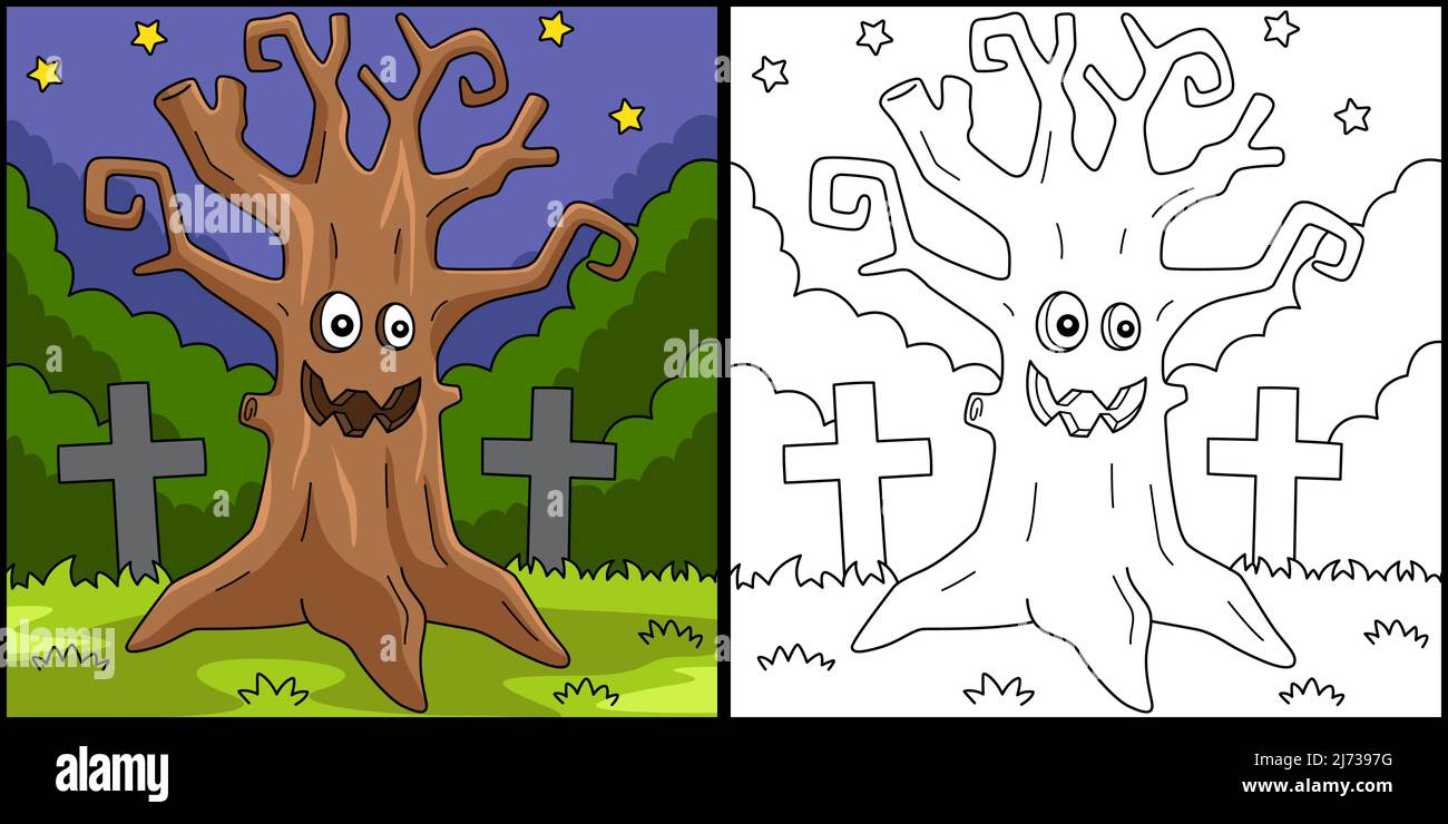 Illustration de la page de coloriage d'Halloween d'arbre effrayant Illustration de Vecteur