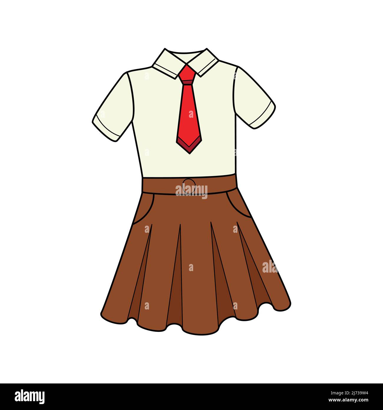 Uniformes scolaires pour filles. Un chemisier avec une cravate et une jupe. Vêtements. Doodle. Illustration vectorielle blanche colorée dessinée à la main. Les éléments de conception sont isol Illustration de Vecteur