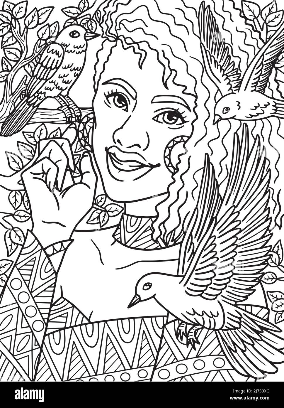 Afro American Woman with Bird adulte coloriage page Illustration de Vecteur