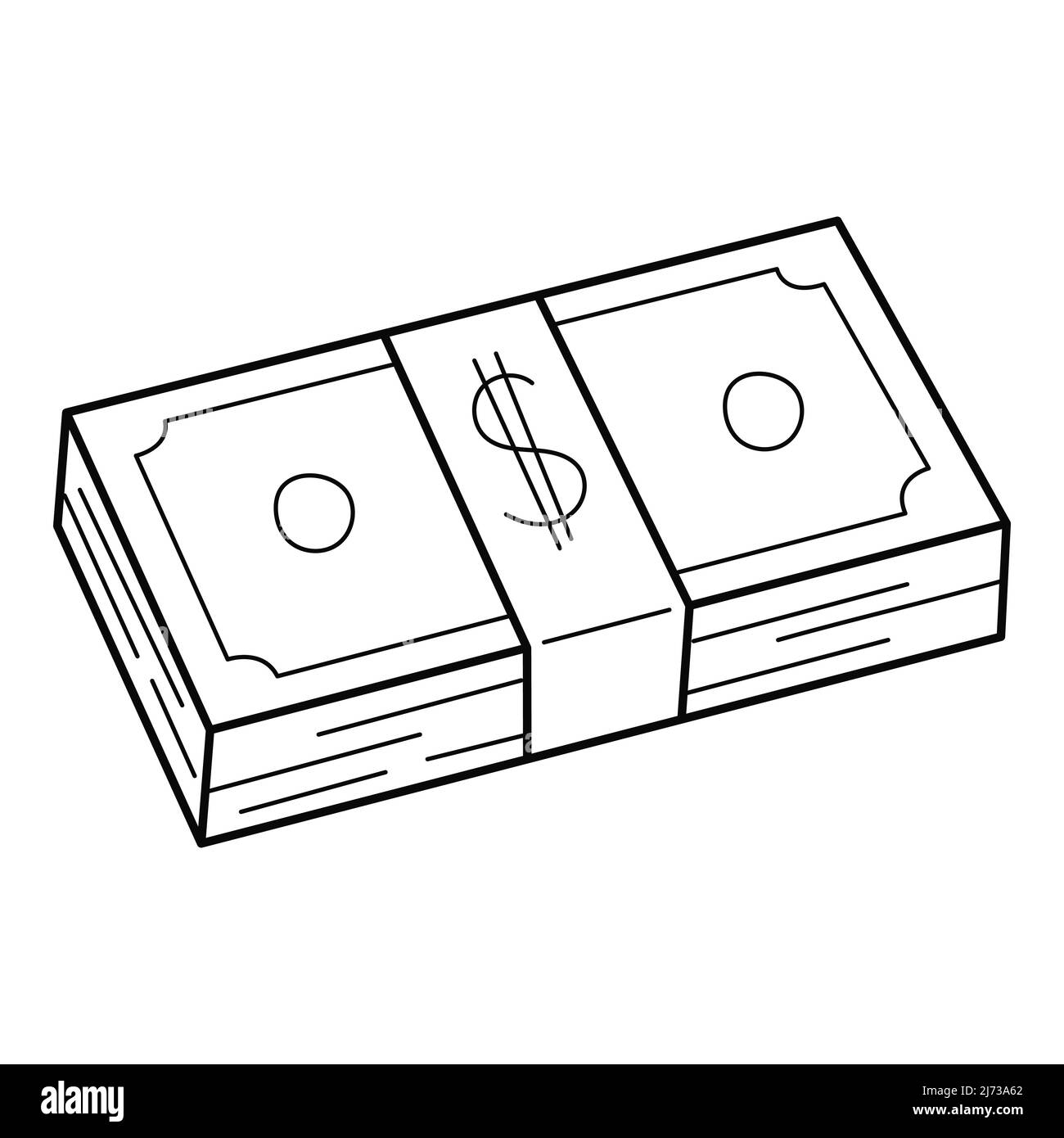 Une pile de billets en papier. Un lot de billets en dollars. Un symbole d'accumulation d'argent, de richesse, de pot-de-vin. Icône linéaire. Vecteur noir et blanc dessiné à la main Illustration de Vecteur