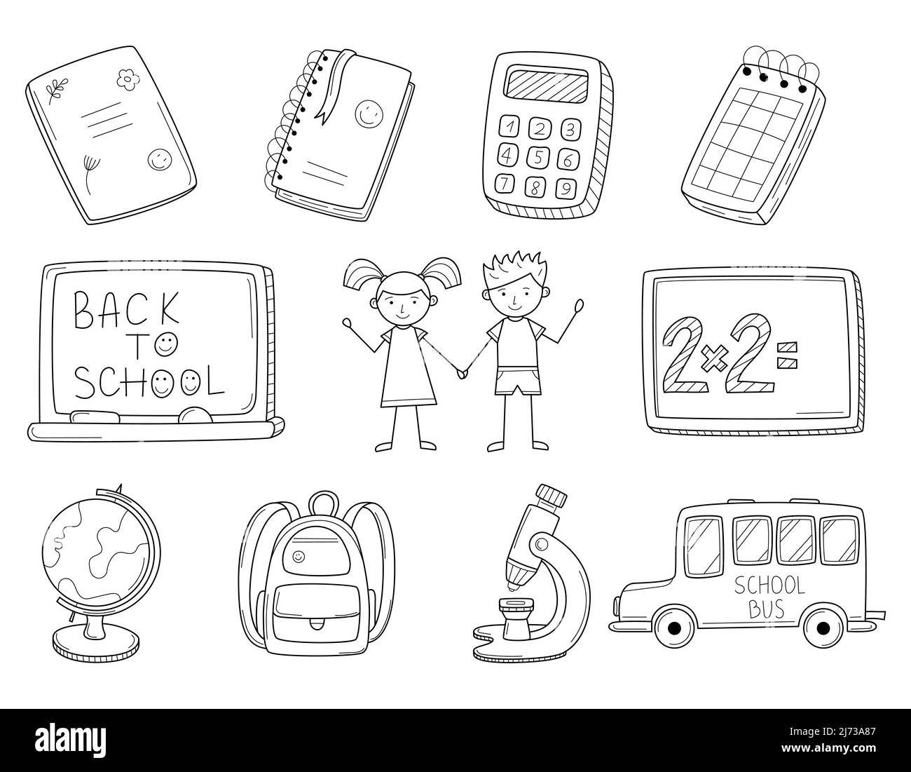 Ensemble d'icônes Doodle. École primaire. Tableau noir, globe, enfants, bus, calculatrice, ordinateur portable, microscope. Éléments décoratifs dessinés à la main. Noir blanc ou Illustration de Vecteur