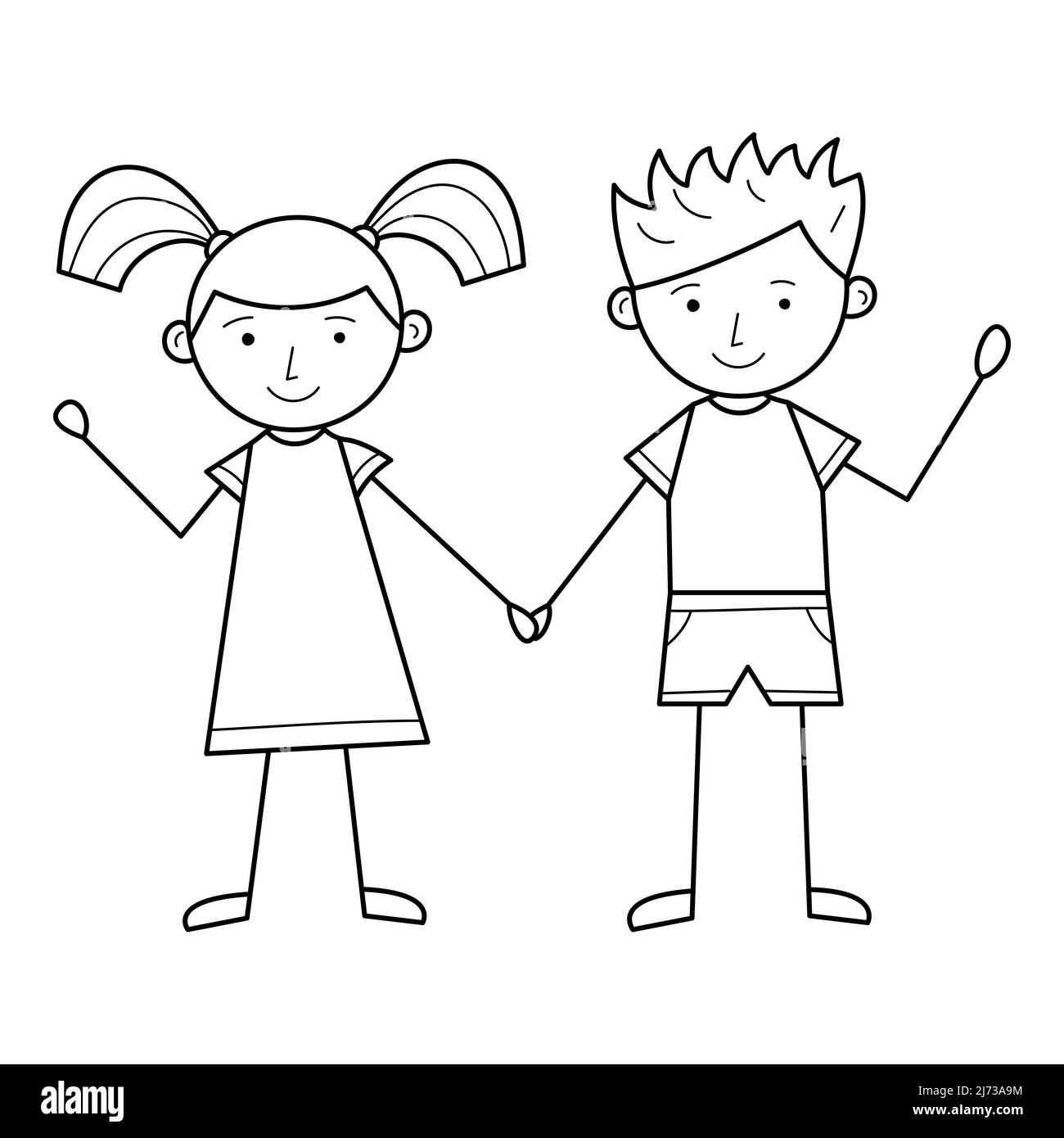 Un garçon et une fille tiennent les mains. Personnages mignons. Une mise en plan linéaire à la main. Illustration vectorielle simple en noir et blanc, isolée sur fond blanc.Han Illustration de Vecteur