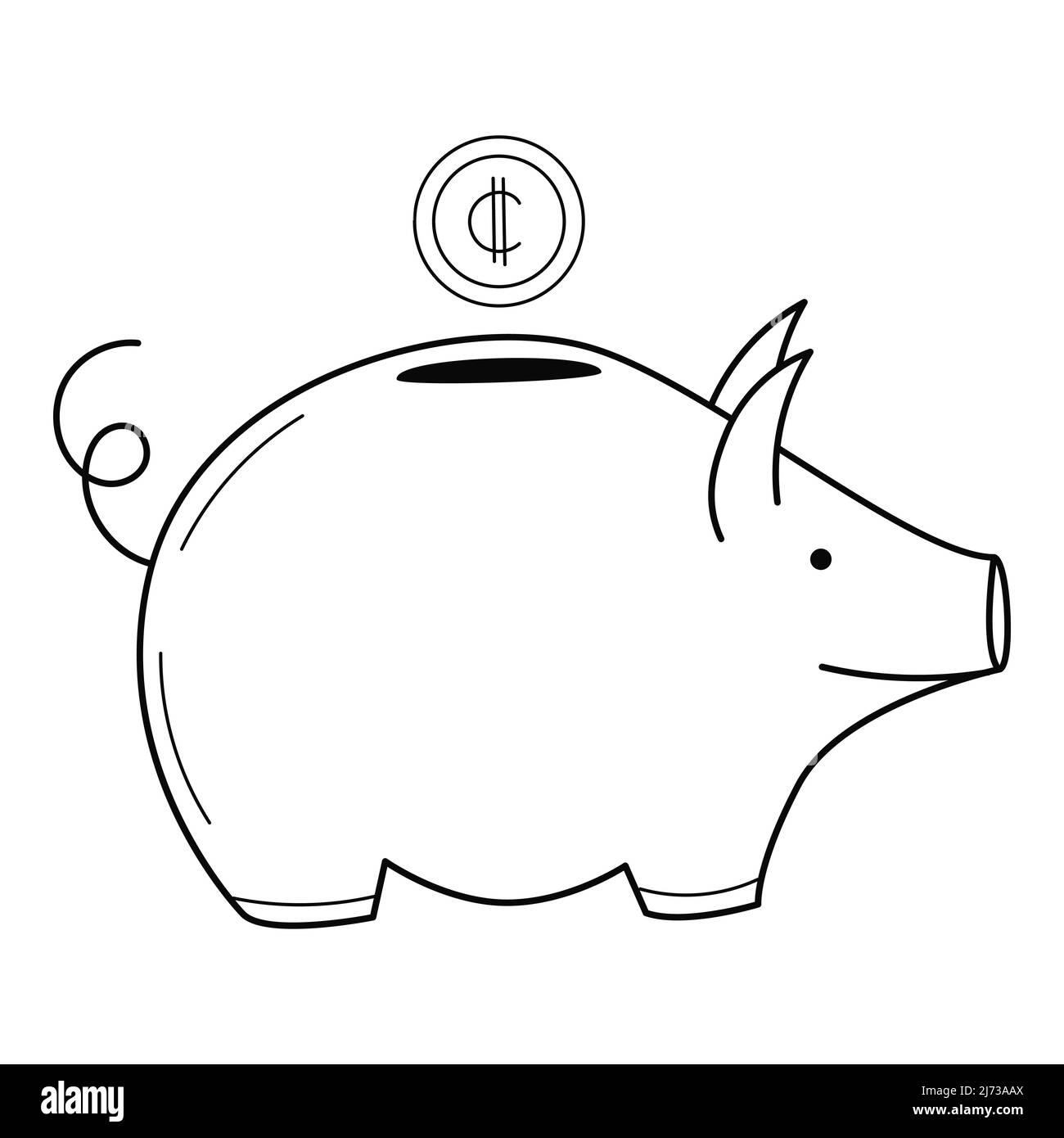 Tirelire avec une pièce. Un symbole d'accumulation, d'économie d'argent. Illustration vectorielle noire et blanche dessinée à la main. Isolé sur un fond blanc. Illustration de Vecteur