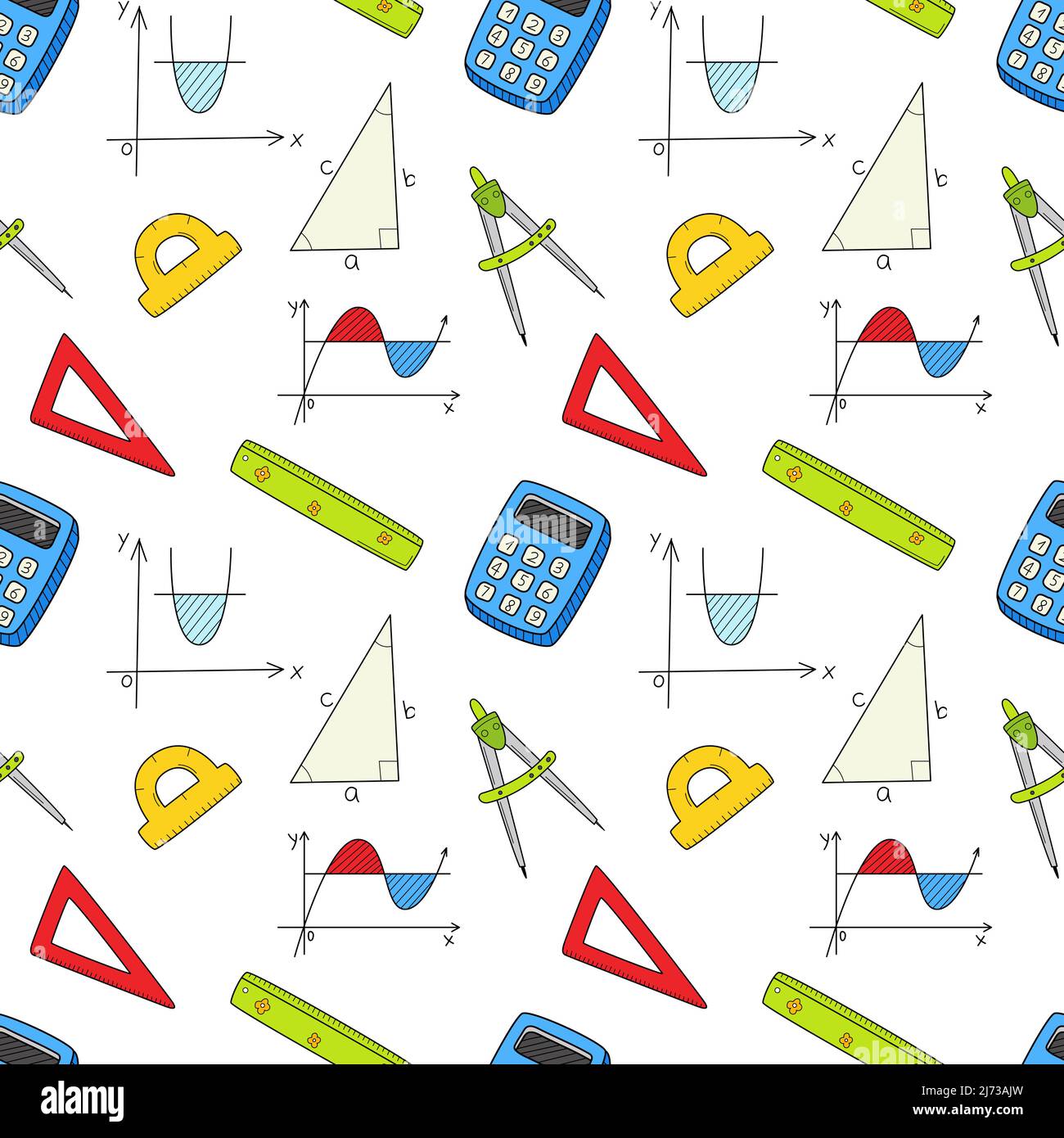 Modèle sans couture avec objets mathématiques, graphiques, triangle, théorème pythagore, calculatrice, règles, boussoles . Éléments de remplissage de couleur dessinés à la main. Illustration de Vecteur