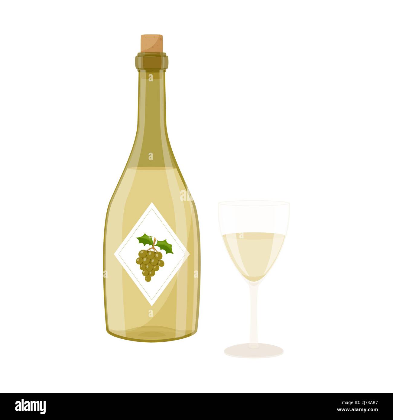 Une bouteille de vin blanc avec un liège et un verre transparent rempli. Une bouteille portant une étiquette et des raisins verts. Style de dessin animé plat, isolé sur un coup Illustration de Vecteur